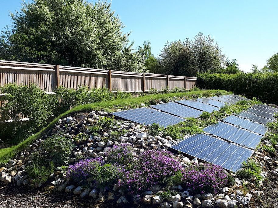 Garden design in Denham, Buckinghamshire with solar array planted with Alpine plants.